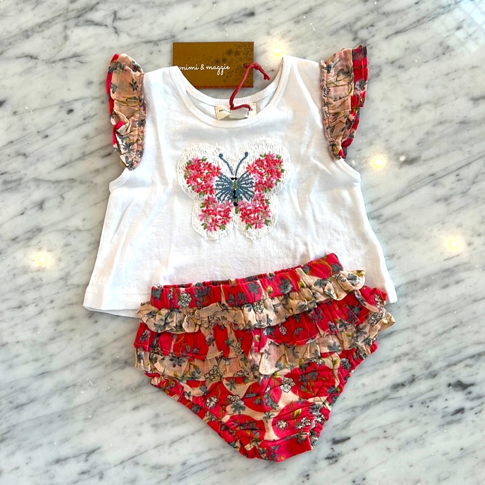 New Mimi and Maggie Baby Girl 18M Butterfly Embroidered Knit Top and Bloomer Set